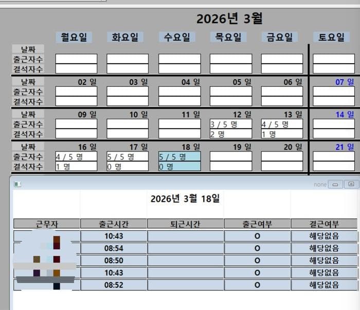 근태관리 모듈 초기 버전 — 날짜별 출근 · 결근 인원과 작업자별 출퇴근 시간